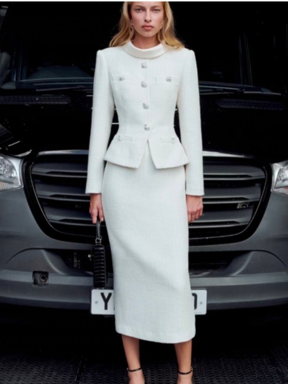 Self-Portrait Cream Boucle Tailored Midi Dress - Picture 6 of 9
